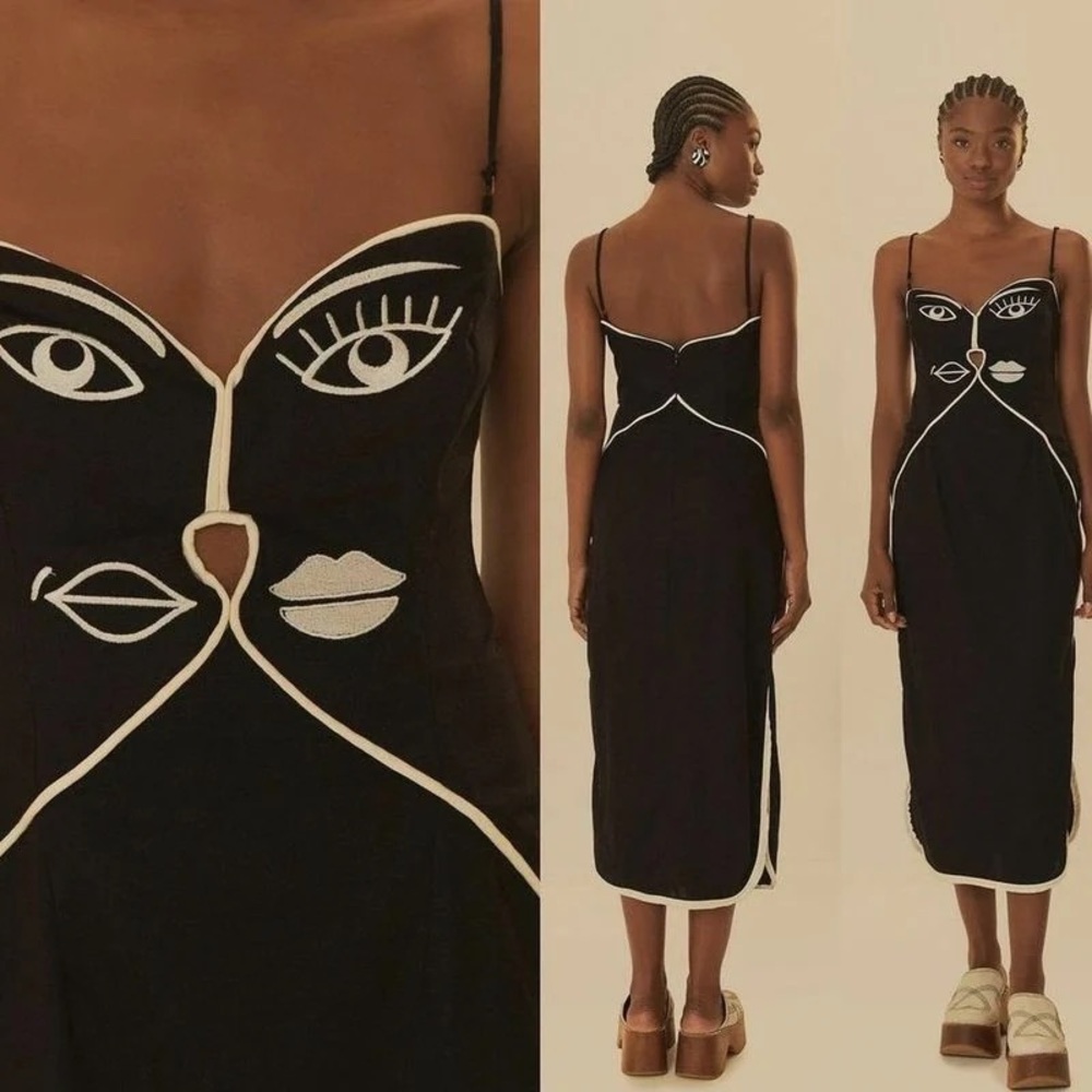 FARM Rio Black and White Midi Dress removable straps